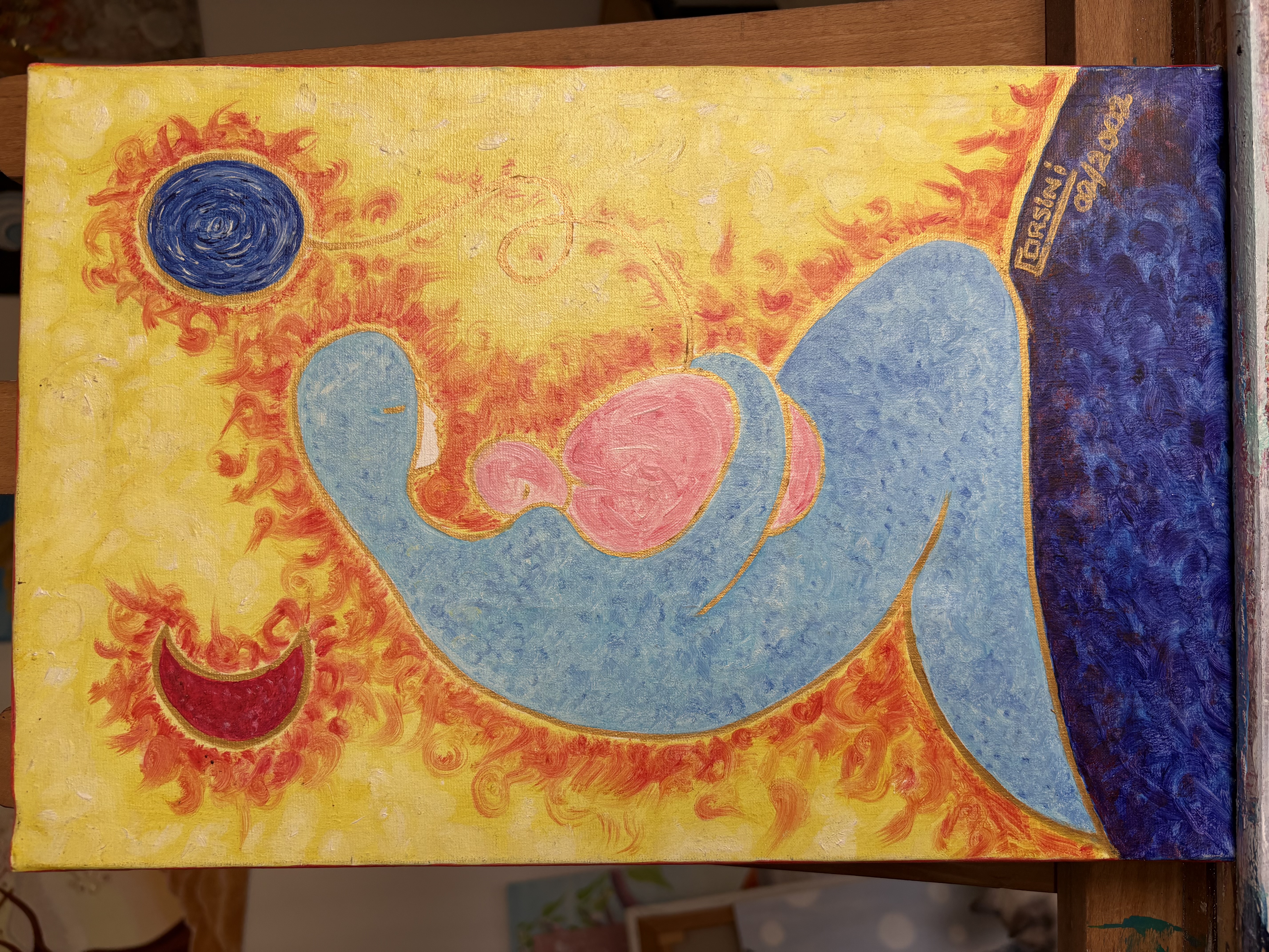 Œuvre représentant une mère, le soleil et la lune