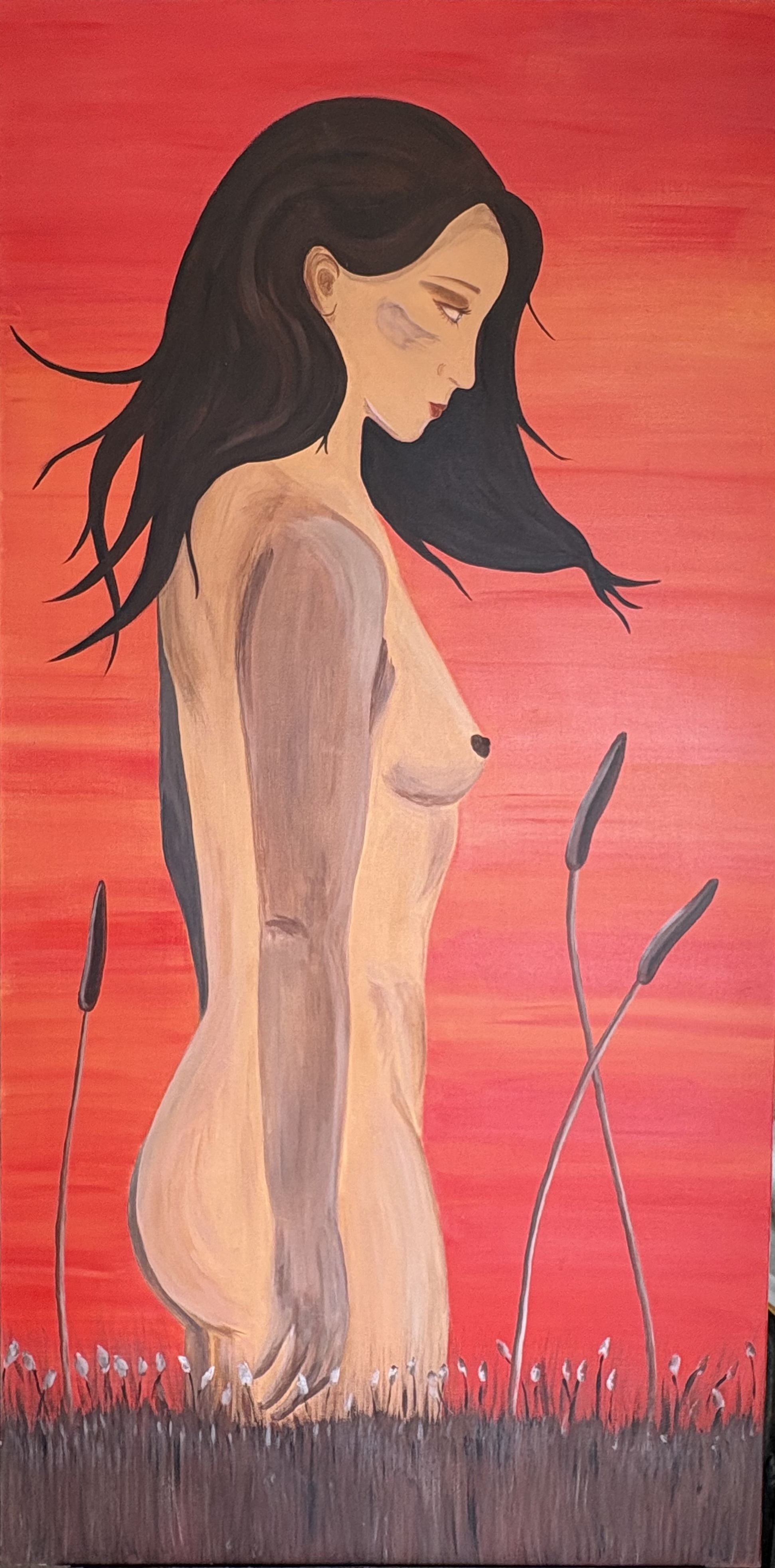 Œuvre représentant une femme parmi les roseaux